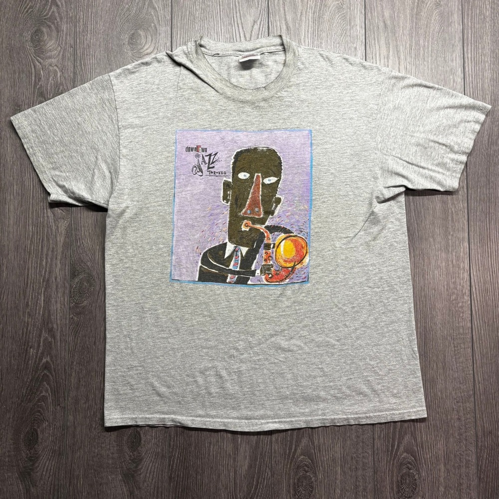 Vintage Downtown Jazz Toronto Graphic T-Shirt Mens XL Gray 90s Hanes Beefy-T